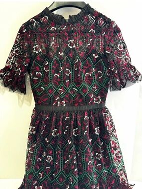 Black Floral Lace Fit-and-Flare Dress - Elegant Short Sleeve